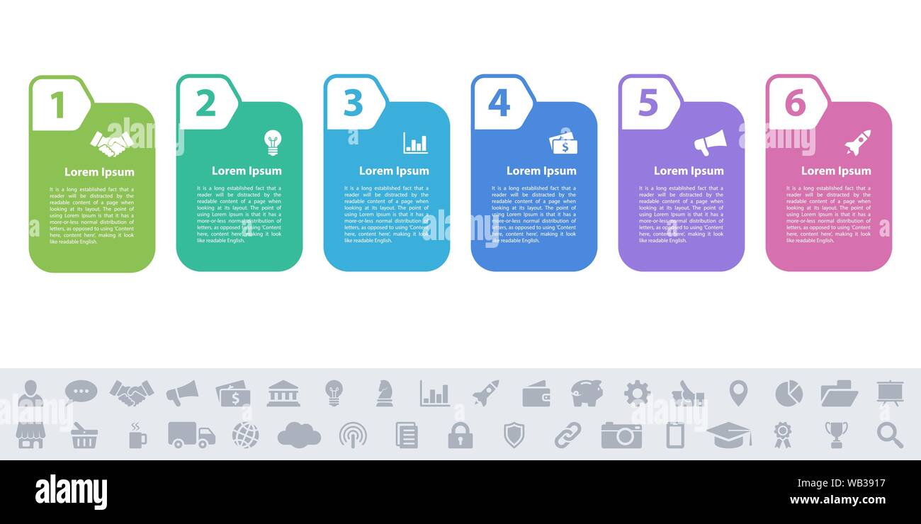 Business Infografik Design Template mit 6 Schritte und Optionen für Prozessdiagramm, Workflow Layout, Dokumentation, infograph und Banner Stock Vektor