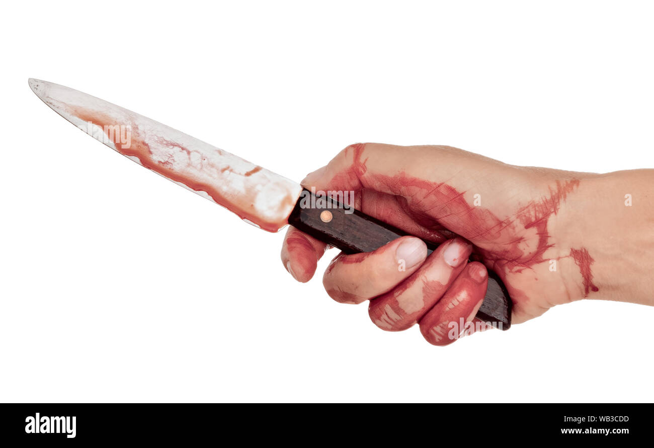 Blutige hand mit Messer isoliert auf Weiss. Frau. Stockfoto