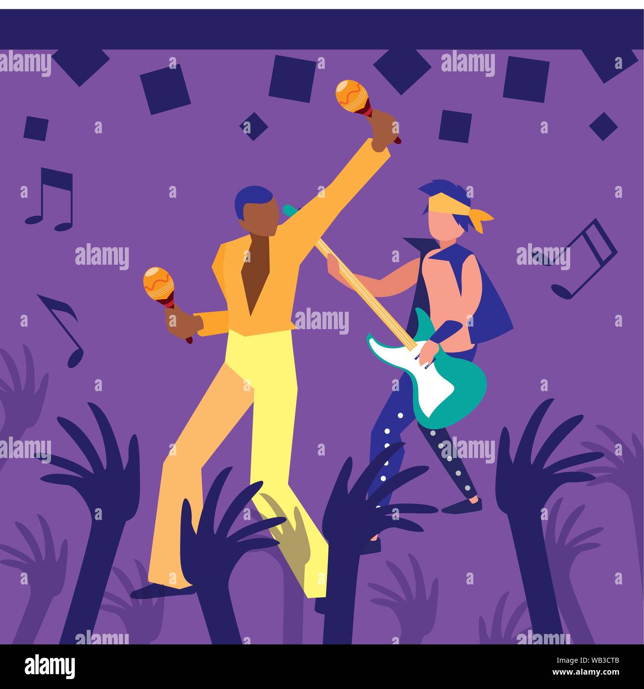 Menschen Musiker Konzert mit E-Gitarre und Maracas Vector Illustration Stock Vektor