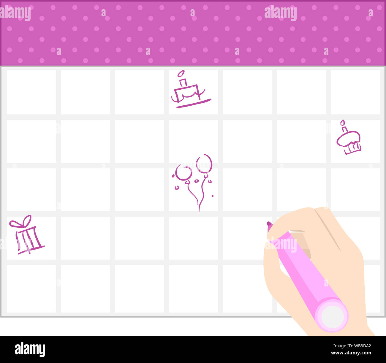 Abbildung einer Handzeichnung Geschenk, Kuchen, Kerze, Luftballons und Cupcake Gekritzel auf Leere Vorlage Kalender Stockfoto