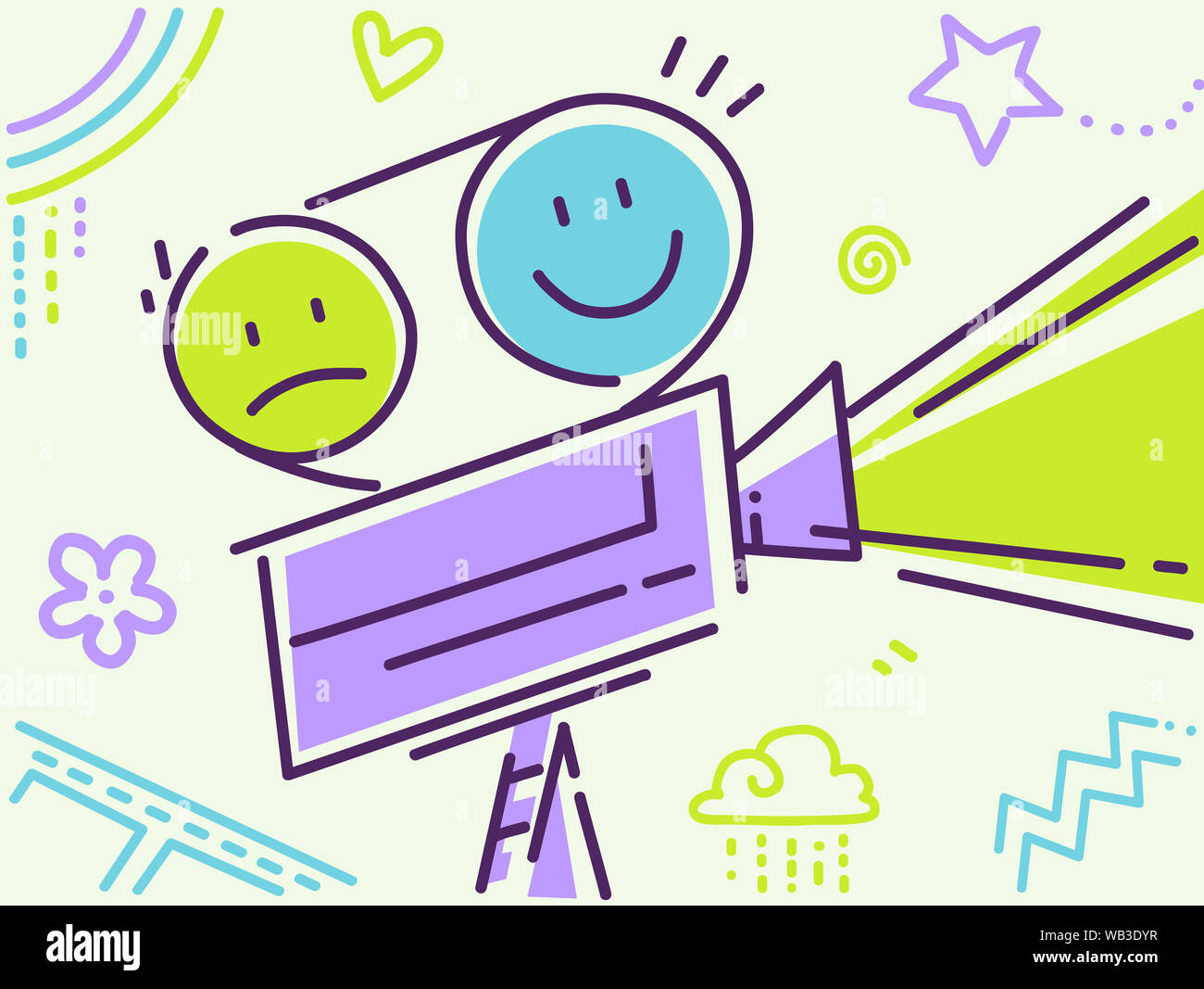 Abbildung: ein Film Projektor mit glücklichen und traurigen Smiley mit verschiedenen Kiddie Doodles Stockfoto