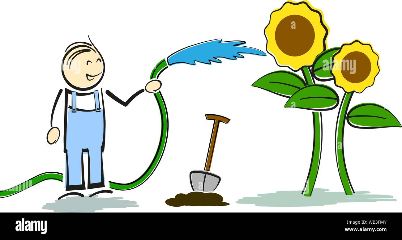 Lächelnd Hobbygärtner stickman Bewässerung von Pflanzen mit Gartenschlauch Vector Illustration Stock Vektor