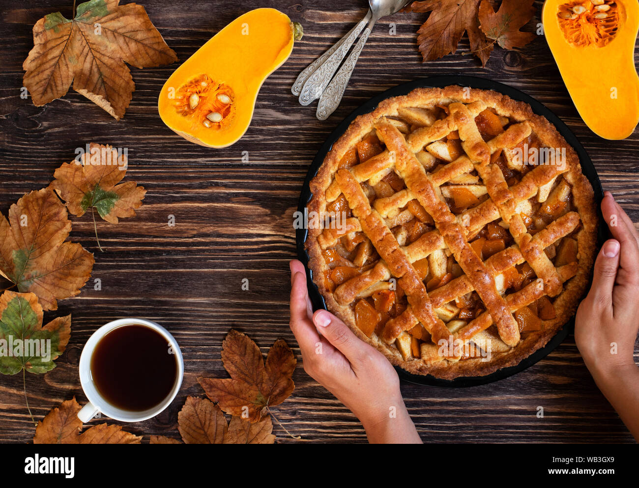 Weibliche Hände halten hausgemachte Kürbiskuchen. Halloween und Thanksgiving. Urlaub Kürbis Süßigkeiten. Holz Herbst Hintergrund, trockene Blätter, schneiden Kürbis, Kaffee Stockfoto