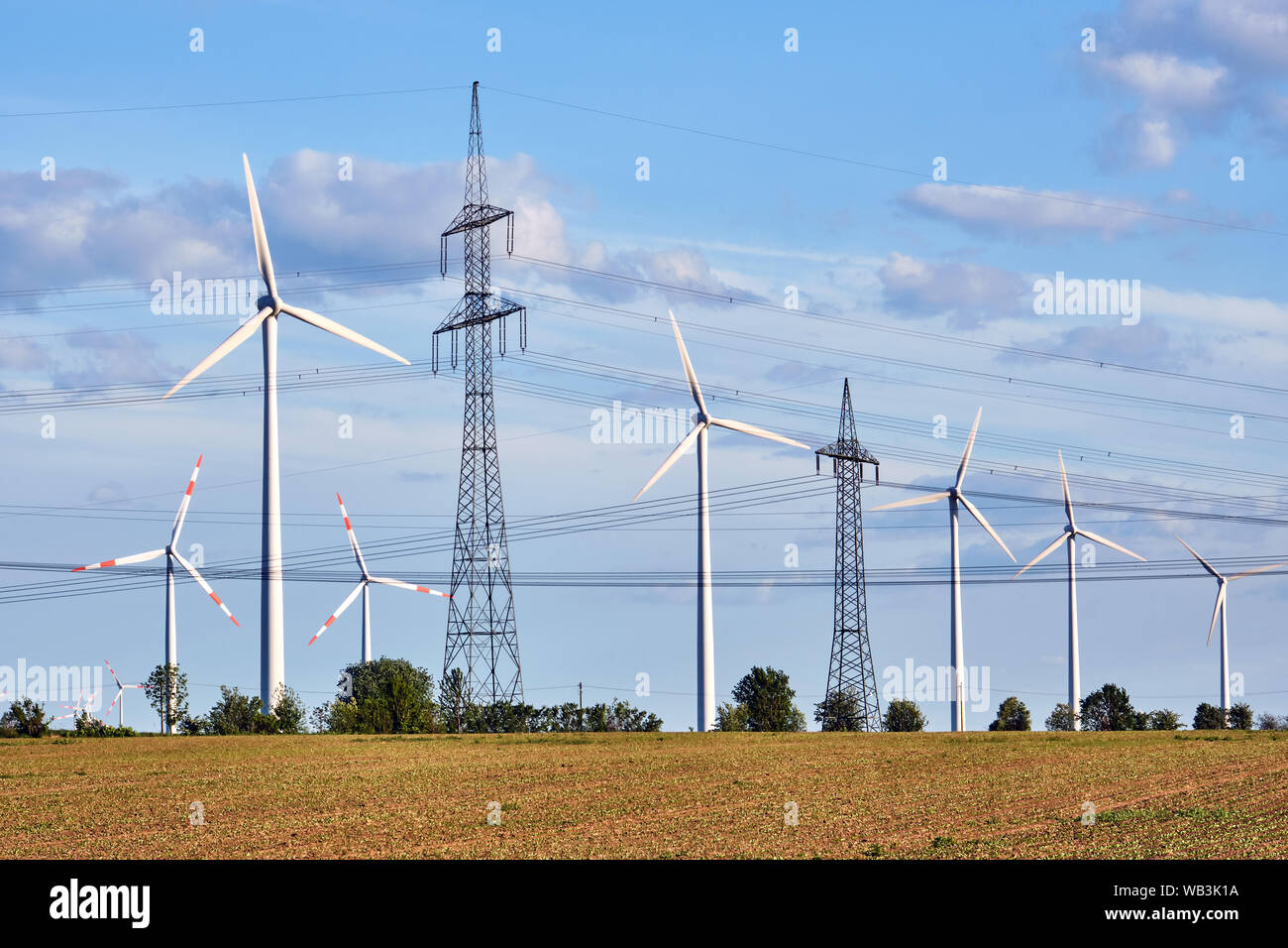 Windenergieanlagen und Stromleitungen hinter ein Morgen in Deutschland gesehen Stockfoto