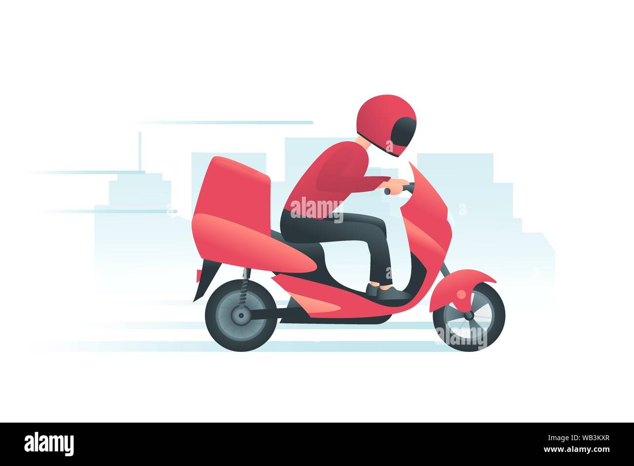 Kurier auf dem roten Motorrad mit der Stadt. Lieferung Service Konzept. Mann liefert fast-food oder Pizza an den Kunden. Vector Illustration Stock Vektor