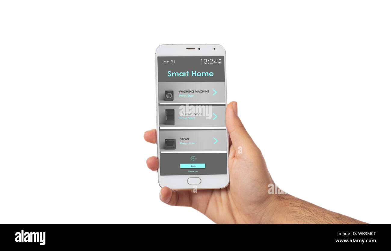 Smart Home App, Fernbedienung, Handy vor weißem Hintergrund. Kühlschrank, Elektroherd und Waschmaschine Trockner. 3D-Darstellung Stockfoto