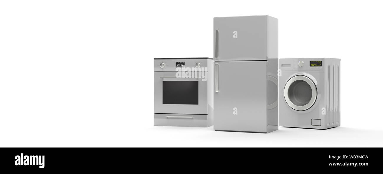 Weiße Haushaltsgeräte auf weißem Hintergrund isoliert, Banner kopieren. Kühlschrank, Elektroherd und Waschmaschine Trockner. 3D-Darstellung Stockfoto