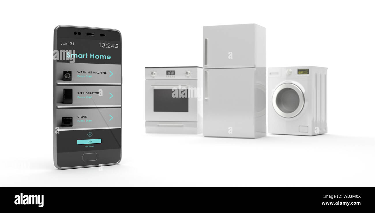 Smart Home App, Fernbedienung. Haushaltsgeräte und Handy vor weißem Hintergrund. Kühlschrank, Elektroherd und Waschmaschine Trockner. 3d-il Stockfoto