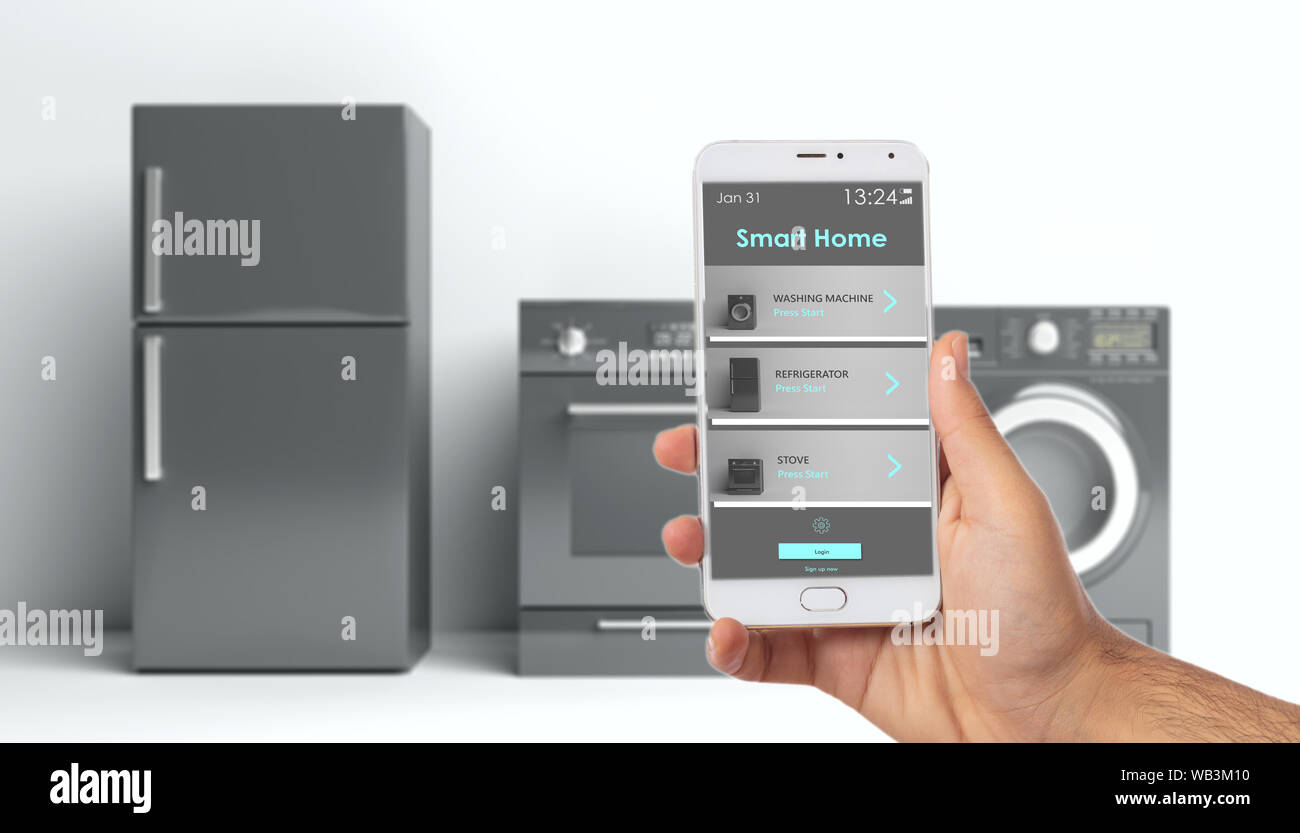 Smart Home App, Fernbedienung. Haushaltsgeräte und Handy vor weißem Hintergrund. Kühlschrank, Elektroherd und Waschmaschine Trockner. 3d-il Stockfoto