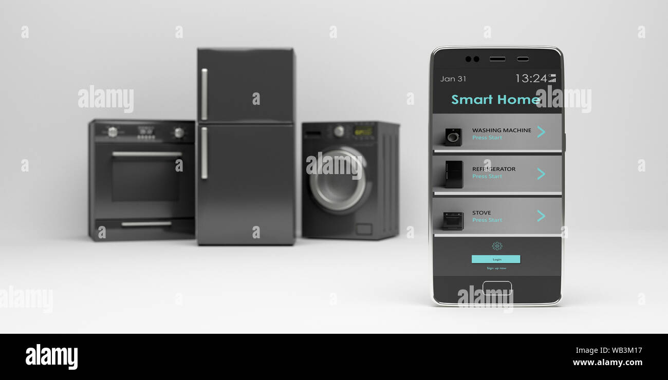 Smart Home App, Fernbedienung. Haushaltsgeräte und Handy vor weißem Hintergrund. Kühlschrank, Elektroherd und Waschmaschine Trockner. 3d-il Stockfoto