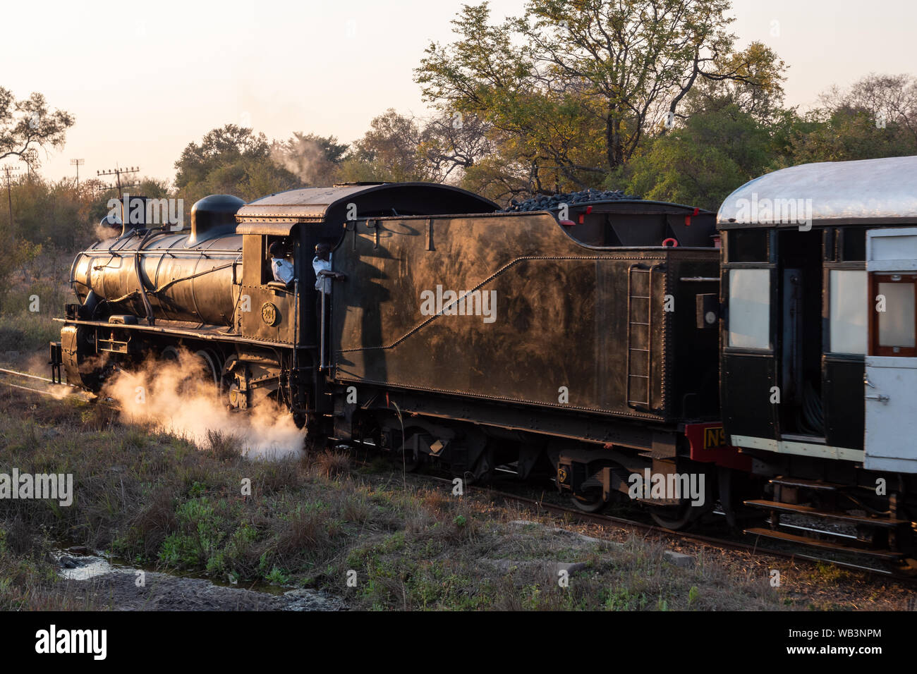 Victoria Falls, Zimbabwe - 2. August 2019: Dampfzug mit Motor im Victoria Falls, Sambia Eisenbahn Dampflok 204 gezogen. Stockfoto