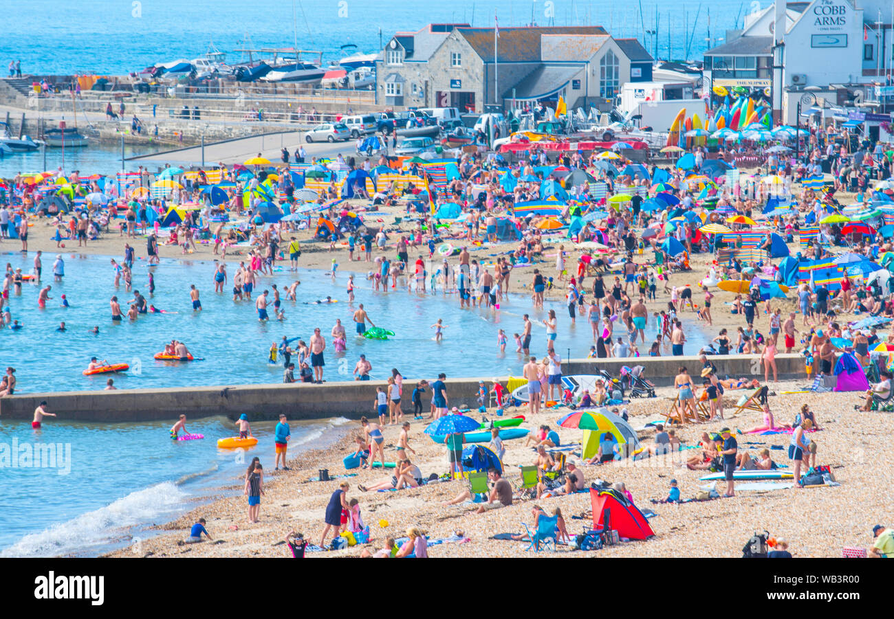 Lyme Regis, Dorset, Großbritannien. 24. August 2019. UK Wetter: Massen von Urlaubern und Sonnenanbeter in Scharen zu den Badeort von Lyme Regis in Sizzling Hot Sonnenschein am Samstag als August Bank Holiday Wochenende Aalen unterwegs erhält. Credit: Celia McMahon/Alamy Leben Nachrichten. Stockfoto