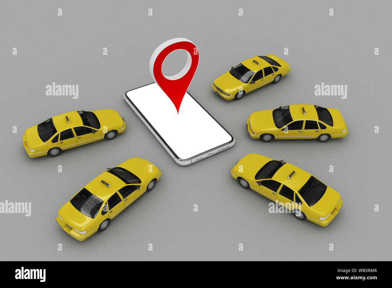 Gruppe von Taxi Autos mit Smartphone und pin-Marker. 3D-Rendering Stockfoto