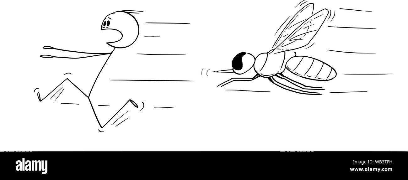Vektor cartoon Strichmännchen Zeichnen konzeptionelle Darstellung der Mann weg laufen in Angst von Mücke oder Insekt. Stock Vektor