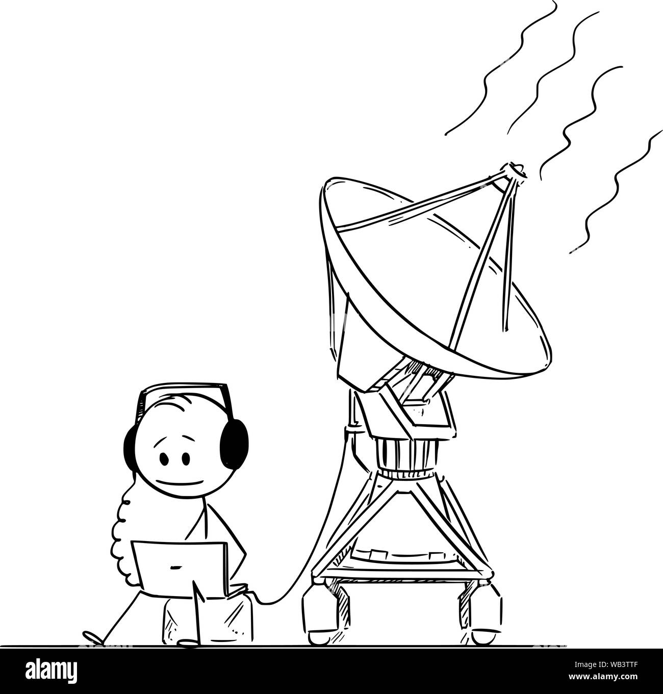 Vektor cartoon Strichmännchen Zeichnen konzeptionelle Darstellung der Mann oder Wissenschaftler beobachten und hören Alien space Signal von NASA-SETI-Antenne. Stock Vektor