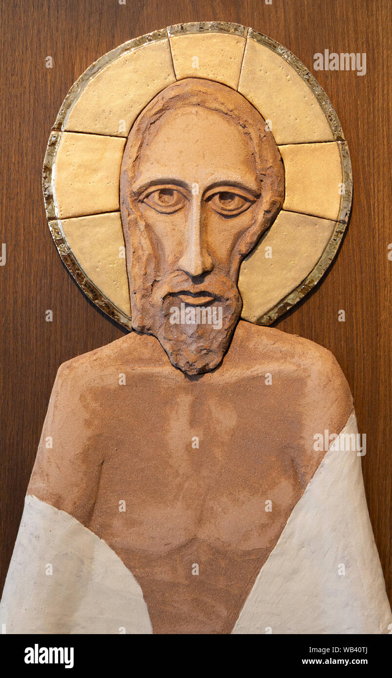 Ein Relief von Jesus' Gesicht. Aus Modelliermasse von lubo Michalko gemacht. Im Quo Vadis katholische Haus angezeigt. Stockfoto