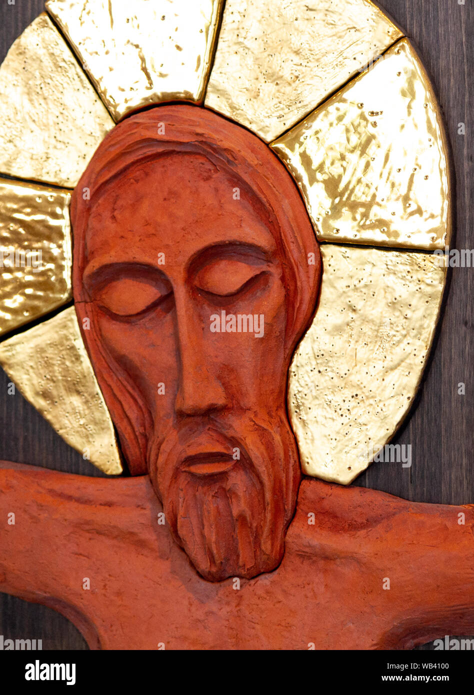 Ein Relief von Jesus' Gesicht. Aus Modelliermasse von lubo Michalko gemacht. Im Quo Vadis katholische Haus angezeigt. Stockfoto