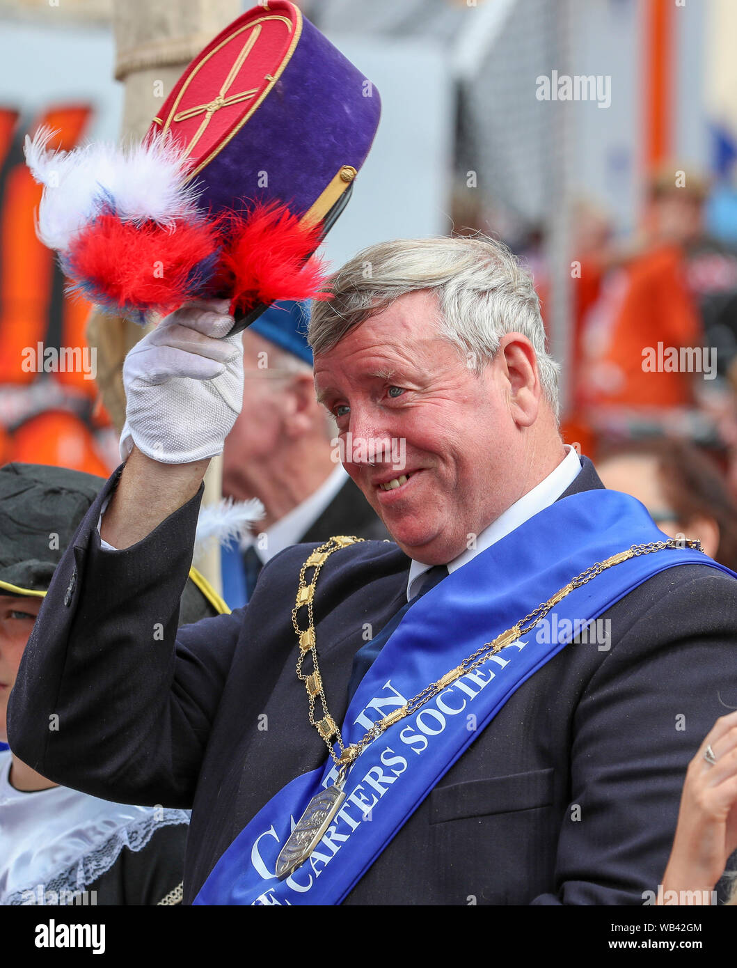 Irvine, UK. 24. August 2019. Von Irvine Marymass Festival ist ein historisches Ereignis, das als mittelalterliche Horse Show begann und ist jetzt der größte Festival im Westen von Schottland zieht über 20.000 Besucher jährlich. Diese historische Festzug durch "Die Irvine Carters 'Gesellschaft', die zuerst für Unternehmen und gemeinnützige Zwecke gebildet wurde, und kann seine Ursprünge zurück bis 1753 Trace organisiert. Bild von DANNY KERR aus Irvine, der Kapitän der Carters für 13 Jahre gewesen. Credit: Findlay/Alamy leben Nachrichten Stockfoto