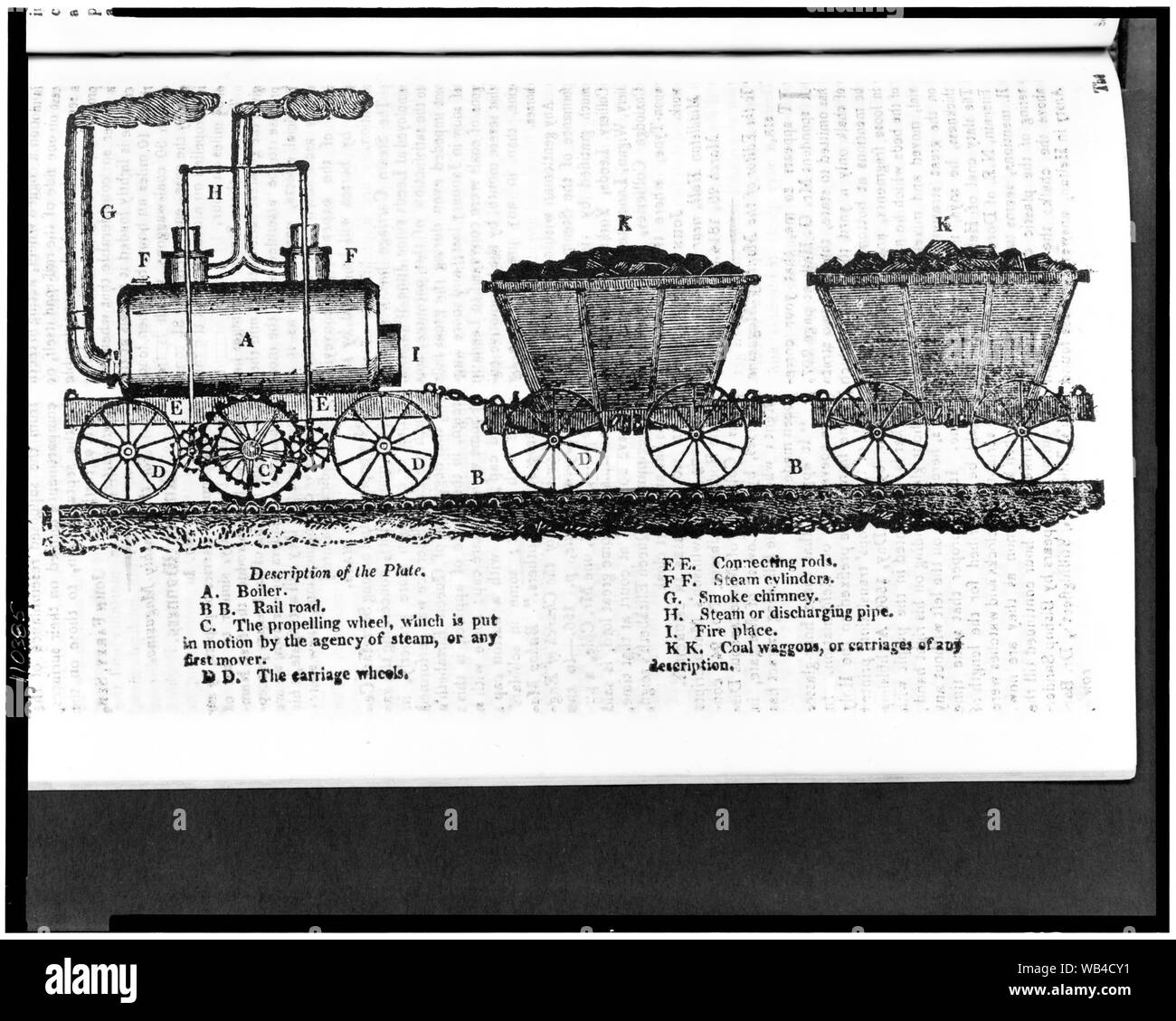 Frühe Dampflok mit Zahnriemen treibende Rad, einem gerippten Rail gegriffen, während andere Räder, die auf der glatten Bahn fuhr und zwei Autos Abstract / Medium: 1 Print: holzstich. Stockfoto
