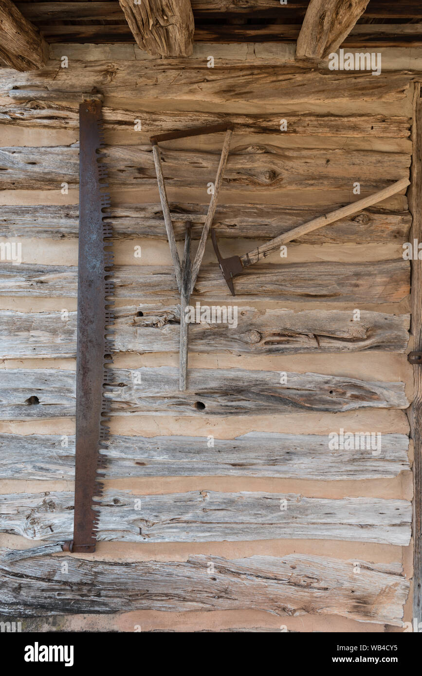Frühe Werkzeuge in der Buffalo Gap Historic Village in unincorporated Taylor County, Texas, Stadt des gleichen Namens angezeigt, in der Nähe von Abilene Stockfoto