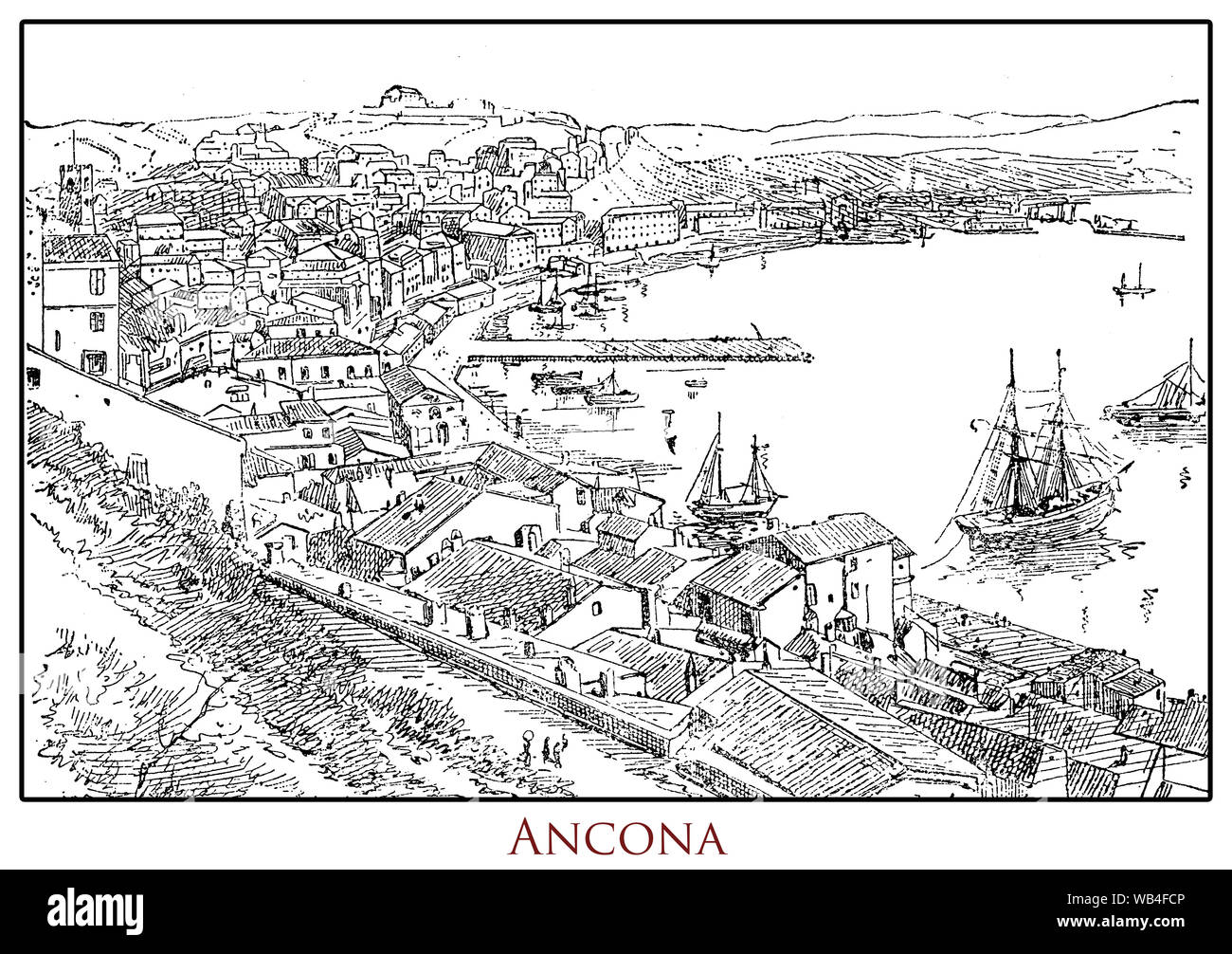 Illustriert Tabelle mit einem Panoramablick auf die Stadt, der Hafen von Ancona in der Region Marken in Mittelitalien, aus einem Lexikon des 19. Stockfoto