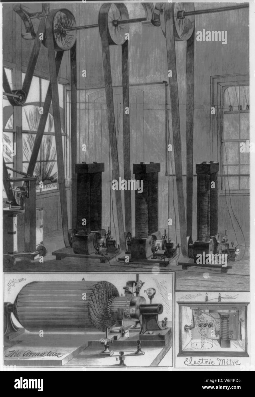 Edisons elektrische Licht. der Generator, der Anker, & Stromzähler Abstract / Medium: 1 Print: holzstich. Stockfoto