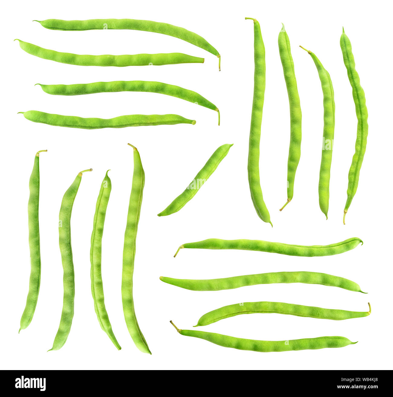 Isolierte bean Pods. Sammlung von Rohdaten, grüne Bohnen (haricots) auf weißem Hintergrund mit Freistellungspfad isoliert Stockfoto