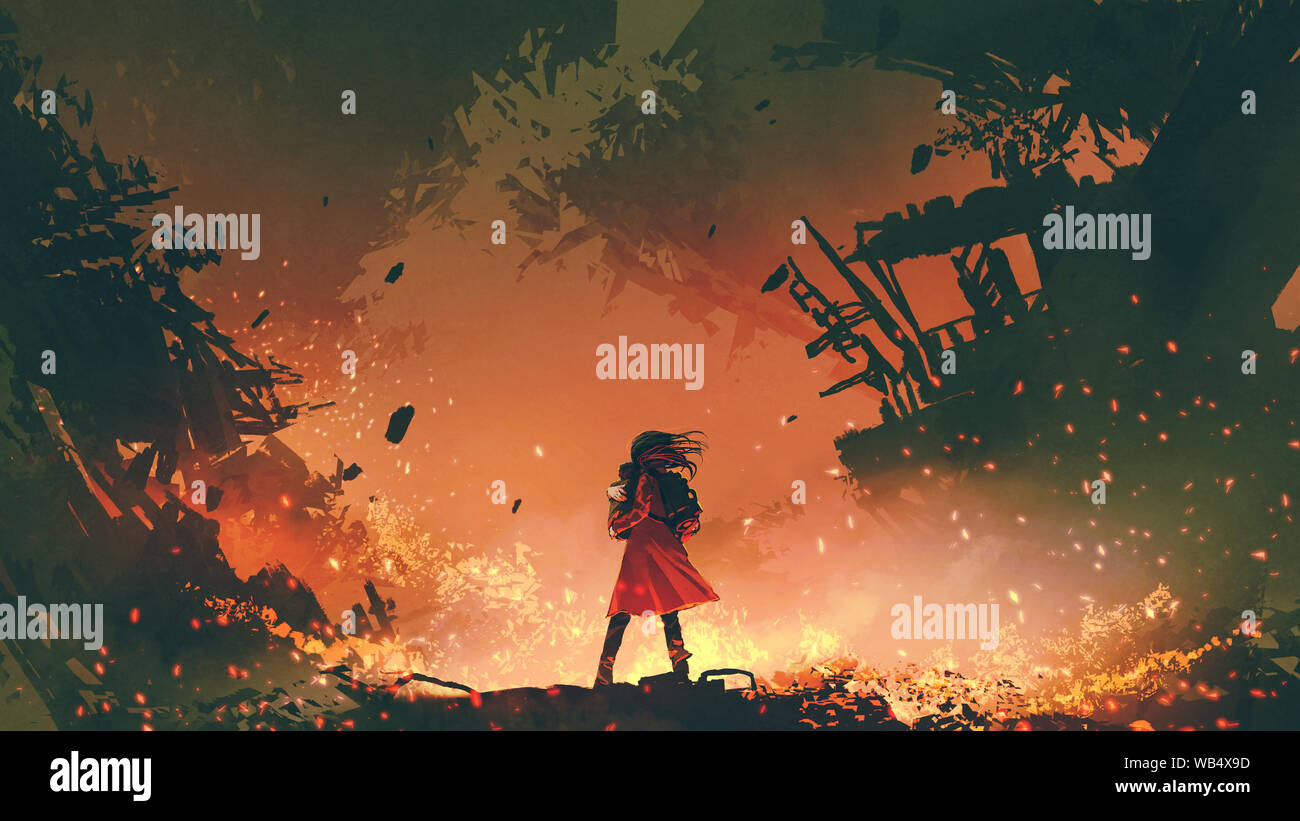 Junge Mutter im roten Mantel, die ihr Baby in der brennenden Stadt, digital art Stil, Illustration Malerei Stockfoto