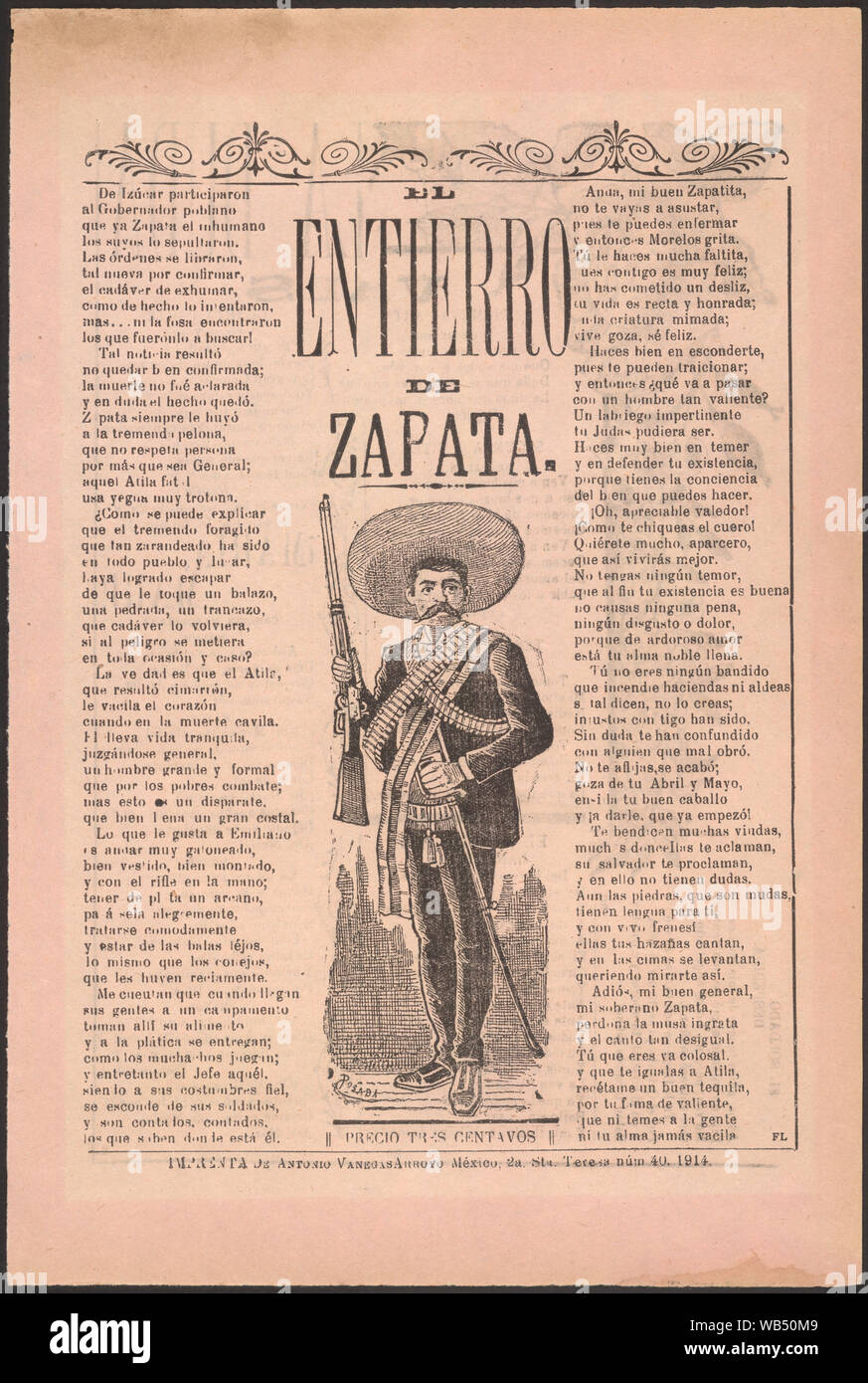El Entierro de Zapata Abstract / Medium: 1 Drucken auf rosa Grund Holz Papier: Hinterschnitt, mit Text in Buchdruck; 30,2 x 20 cm. (Blatt). Stockfoto