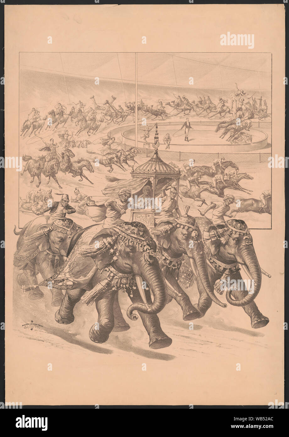 Elefanten, Pferde, Giraffen und Kamele mit Fahrern Abstract / Medium: 1 drucken (Poster) Lithographie; 104 x 73 cm. Stockfoto