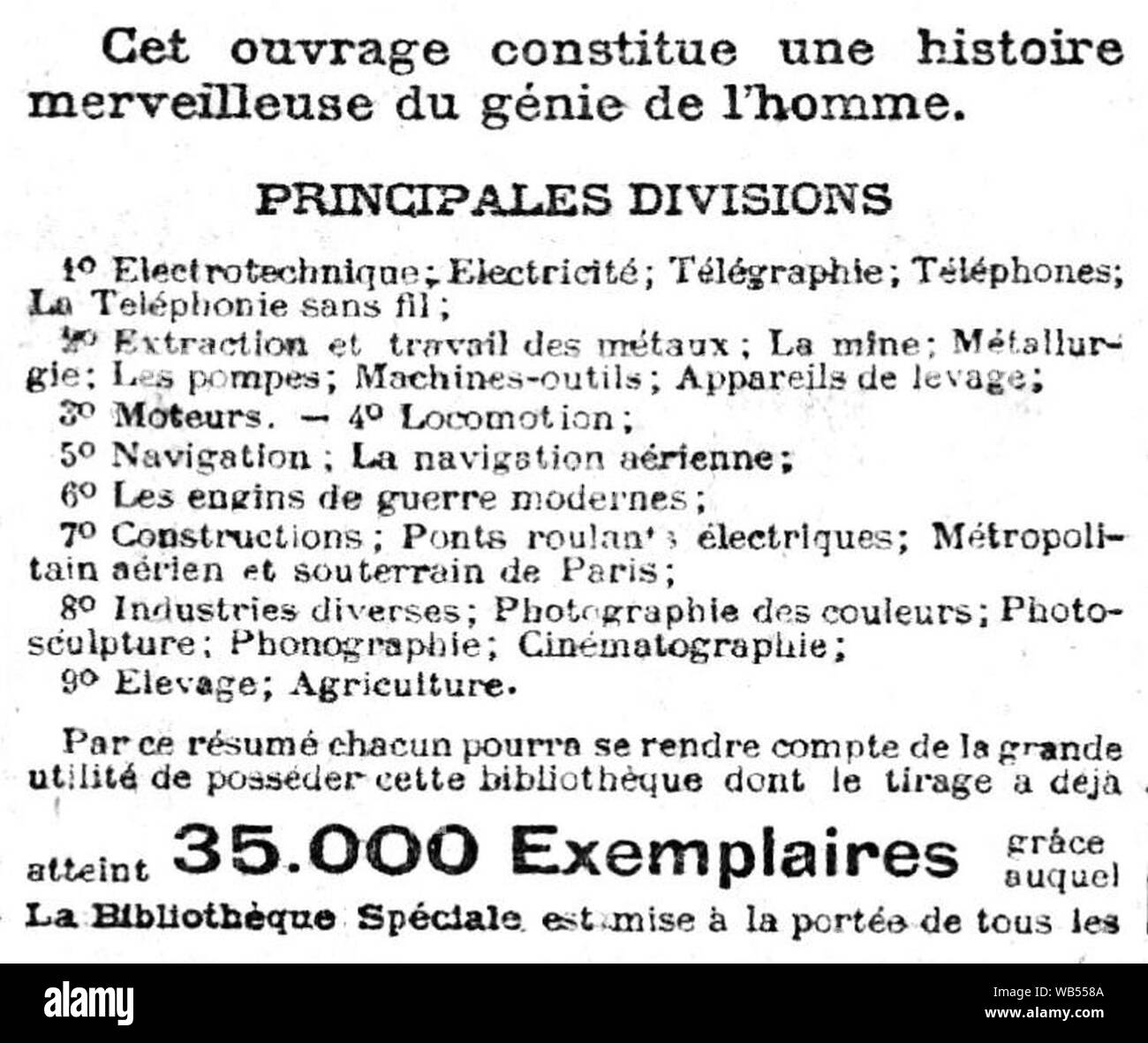 Détail de la publicité pour la Bibliothèque pour Tous - Mentionne la Photosculpture - Le Petit Parisien - 27 Mai 1908 - Seite 6. Stockfoto