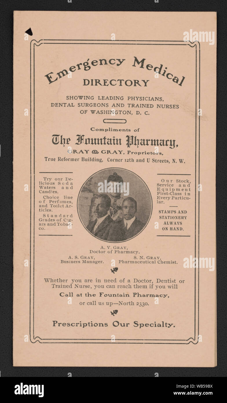 Emergency medical Verzeichnis Übersicht führenden Ärzte, Zahnärzte und ausgebildeten Krankenschwestern von Washington, D.C., Komplimente der Brunnen Apotheke, Grau und Grau, Inhaber... Abstract / Medium: 1 gefaltete Blatt (4 Nicht nummerierte Seiten Text): 1 portrait Foto; 18 cm. Stockfoto