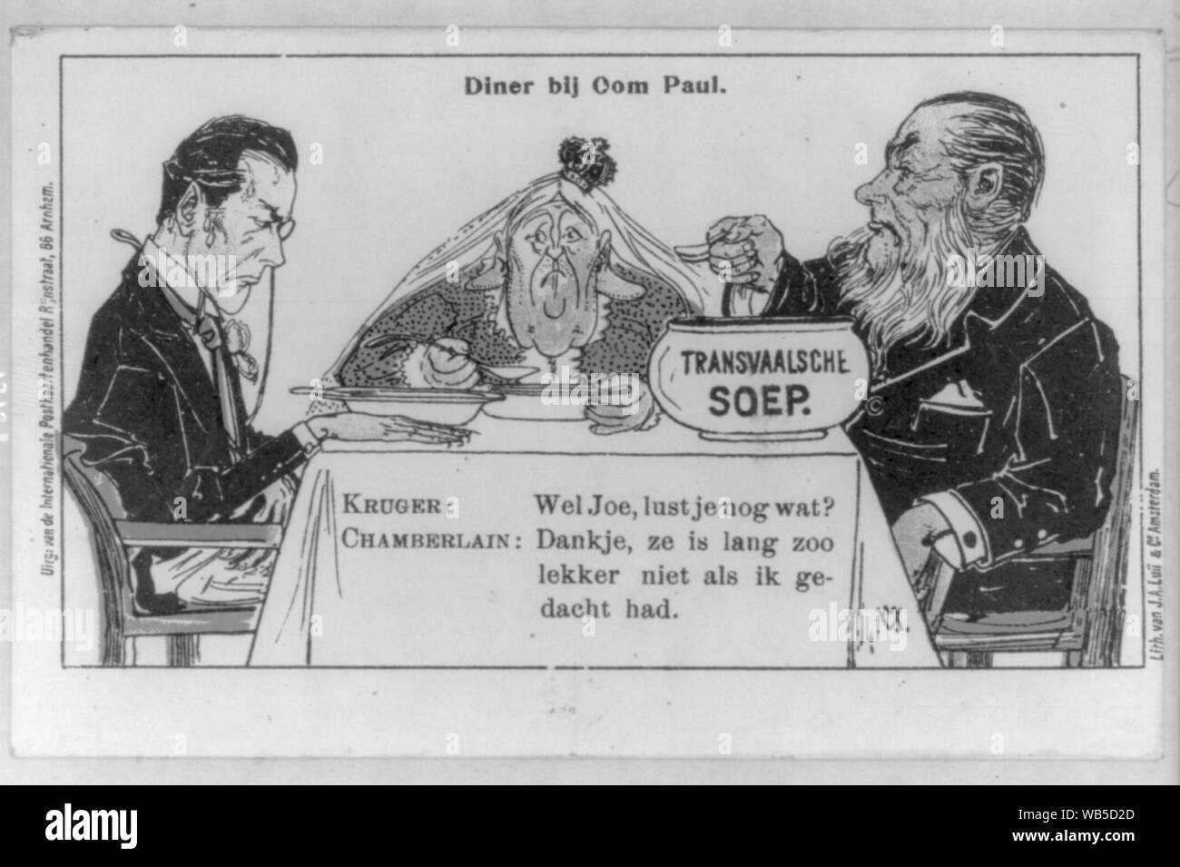 Niederländische cartoon zeigt Paul Kruger mit einem schwitzenden Joseph Chamberlain einige "Transvaal Suppe' Stockfoto