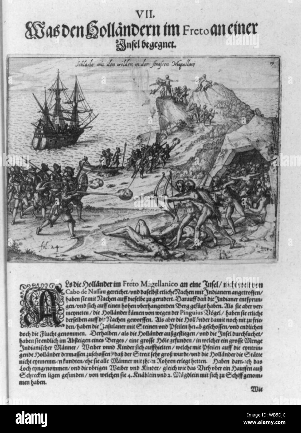 Niederländische Soldaten kämpfen Ureinwohner an der Magellanstraße. Chile.Ca. 1600 Stockfoto