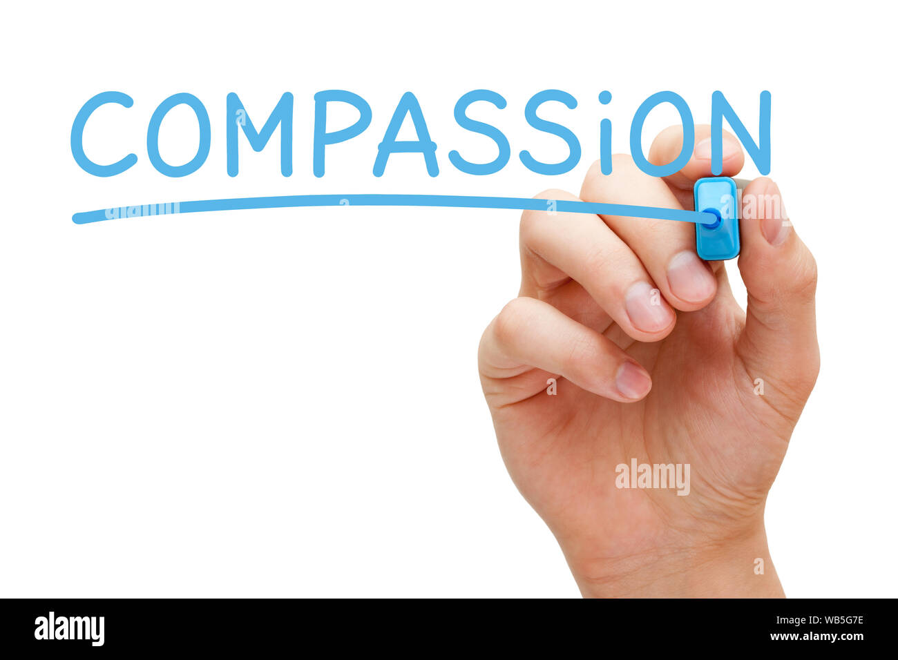 Hand schreiben das Wort Mitgefühl mit blauer Markierung auf transparente abwischen Board auf Weiß isoliert. Stockfoto