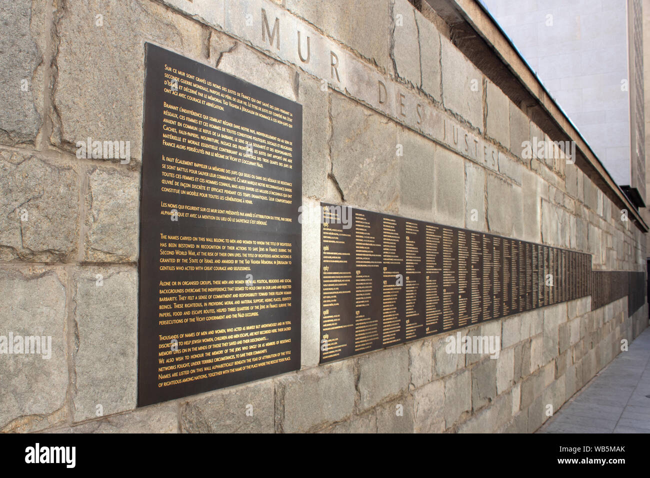 Die Wand der Gerechten - Mémorial de la Shoah - Allée des Justes Le Marais, Frankreich Stockfoto