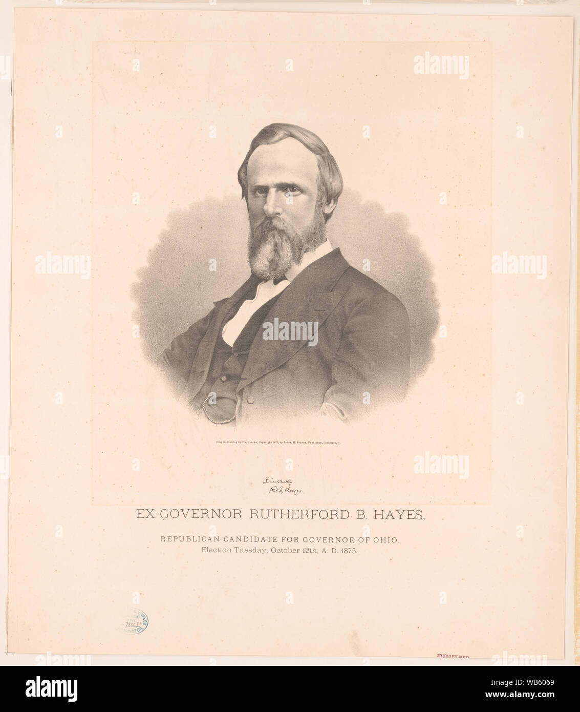 Ex-Governor Rutherford B. Hayes, der republikanische Kandidat für den Gouverneur von Ohio. Wahl Dienstag, Oktober 12th, 1875 N.CHR./Kreide - Zeichnung von Dr. Jasper. Abstract / Medium: 1 drucken: Lithographie, 53,3 x 46,3 cm Stockfoto