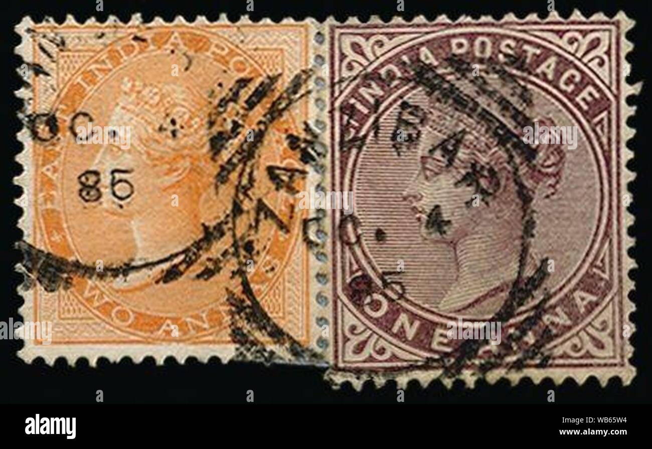 East India porto Queen Victoria Stempel in Sansibar verwendet - Zwei und vier Annas 1865 1882-1885. Stockfoto