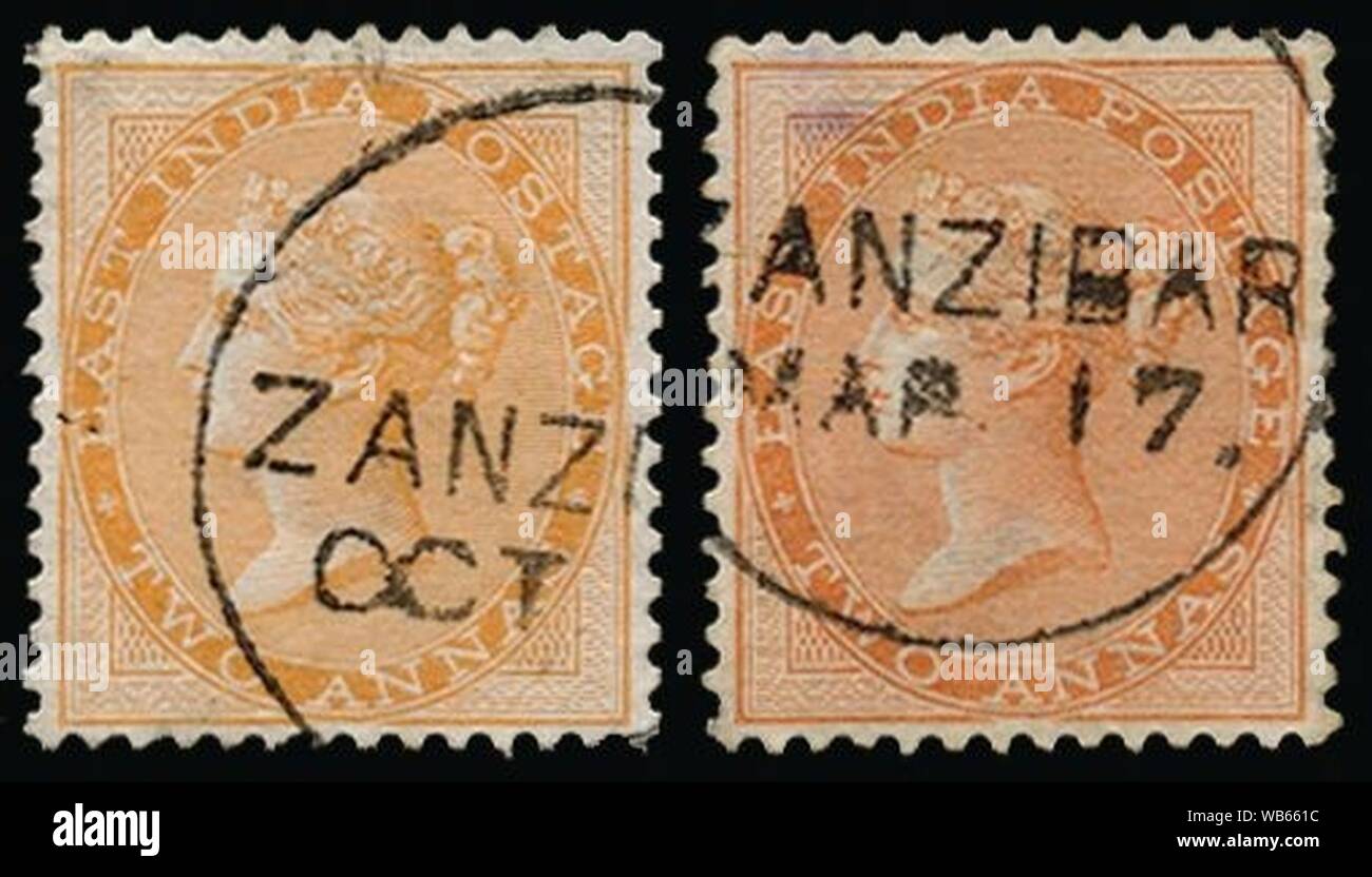 East India porto Queen Victoria Stempel in Sansibar verwendet - Zwei annas Orange 1865. Stockfoto