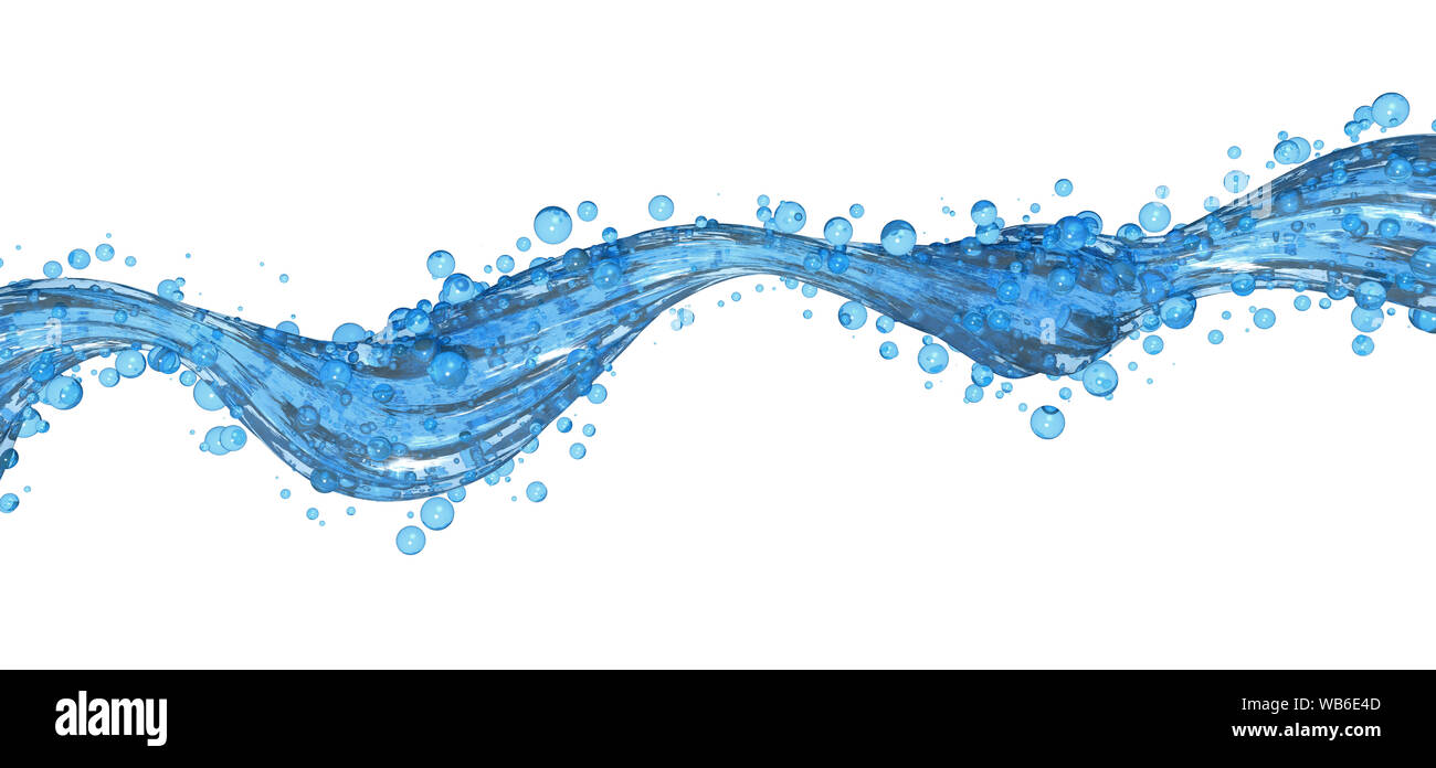 Blaue Flüssigkeit in Bewegung geraten wie Wasser mit kleinen Blasen horizontal über das Bild in der Richtung von links nach rechts weiß backgro Stockfoto