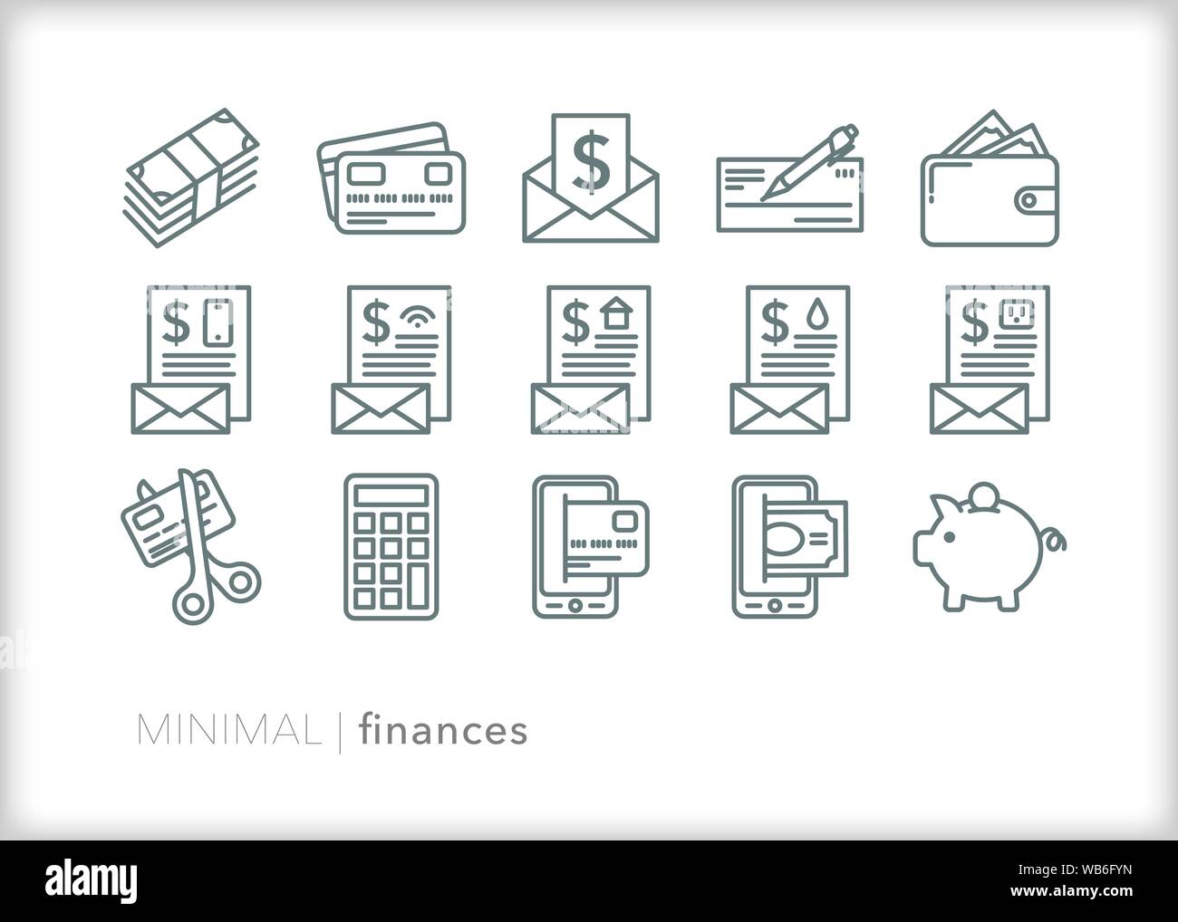 Satz von 15 Personal Finance Zeile für Symbole für die Verwaltung und Budgetierung Geld Stock Vektor