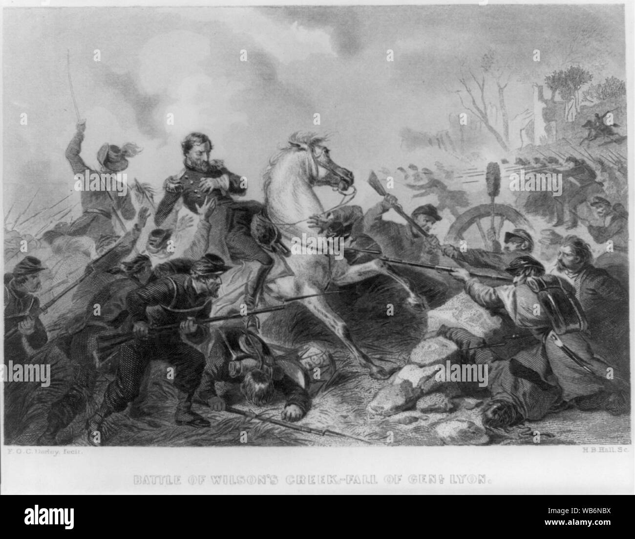 Nathaniel Lyon fällt vom Pferd nach am Wilson's Creek, 10.08.1861, erschossen zu werden. Kupferstich von H.B. Halle. Zeichnung von F.O.C. Darley Stockfoto