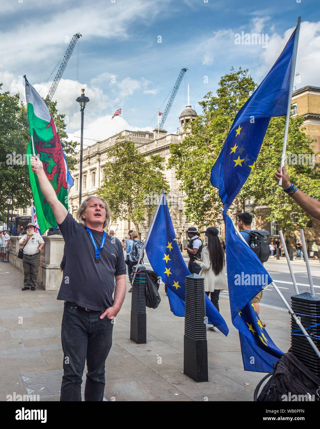 LONDON, ENGLAND/GROSSBRITANNIEN - 21. AUGUST 2019: Anti-Brexit Demonstranten zeigen außerhalb der London Cabinet Office, wie Polizei, Whitehall, London. Stockfoto