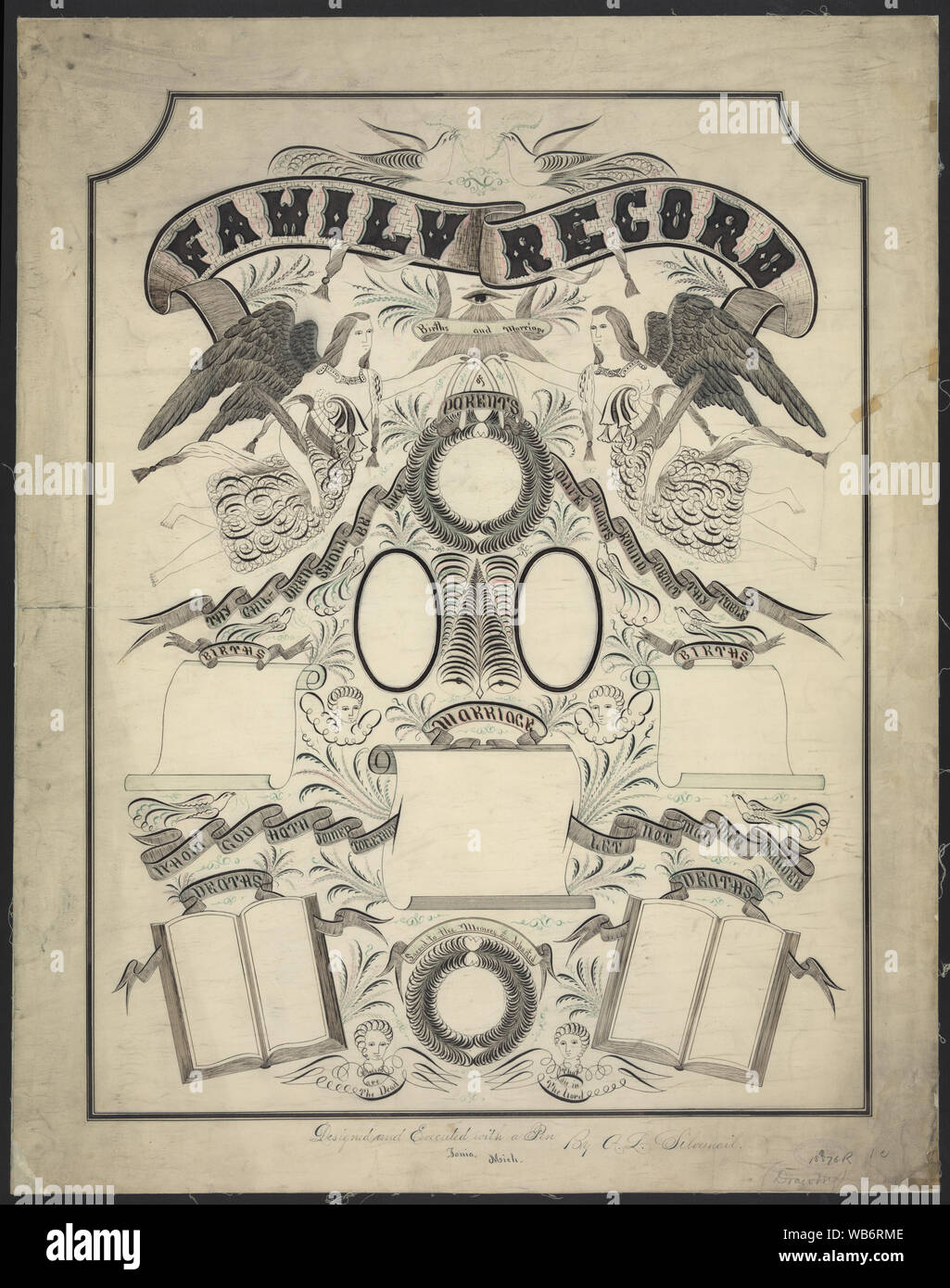 Familie Aufnahme/konzipiert und mit einem Stift durch A.L. ausgeführt Silvernail, Ionia, Michigan Abstract / Medium: 1 Zeichnung: Tinte, Schwarz, Braun, Grün und Pink. Stockfoto