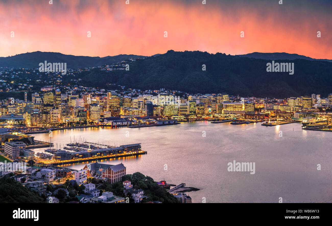 Wellington Stadt und Hafen in der Dämmerung vom Mount Victoria gesehen. Wellington ist die Hauptstadt von Neuseeland. Stockfoto