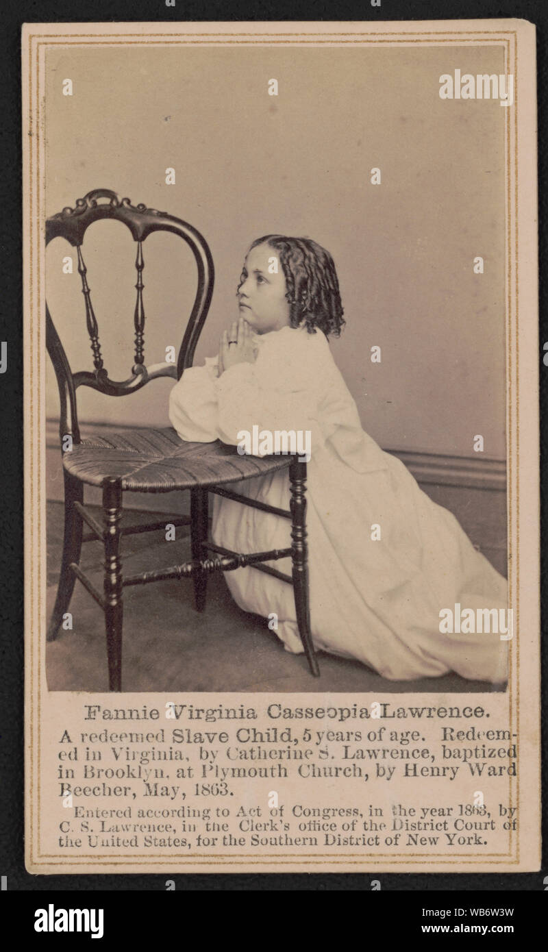 Fannie Virginia Casseopia Lawrence eine erlöste slave Kind, 5 Jahre alt. In Virginia erlöst, von Catherine S. Lawrence, getauft in Brooklyn, Plymouth an der Kirche, von Henry Ward Beecher, Mai, 1863 // R.S. De Lamater, Fotograf, 258 Main St., Hartford Ct. Abstract / Medium: 1 Foto: albumen Print auf der Karte mount;11 x 7 cm (carte de visite Format) Stockfoto Fannie Virginia Casseopia Lawrence eine erlöste slave Kind, 5 Jahre alt. In Virginia erlöst, von Catherine S. Lawrence, getauft in Brooklyn, Plymouth an der Kirche, von Henry Ward Beecher, Mai, 1863 // R.S. De Lamater, Fotograf, 258 Main St., Hartford Ct. Abstract / Medium: 1 Foto: albumen Print auf der Karte mount;11 x 7 cm (carte de visite Format) Stockfoto