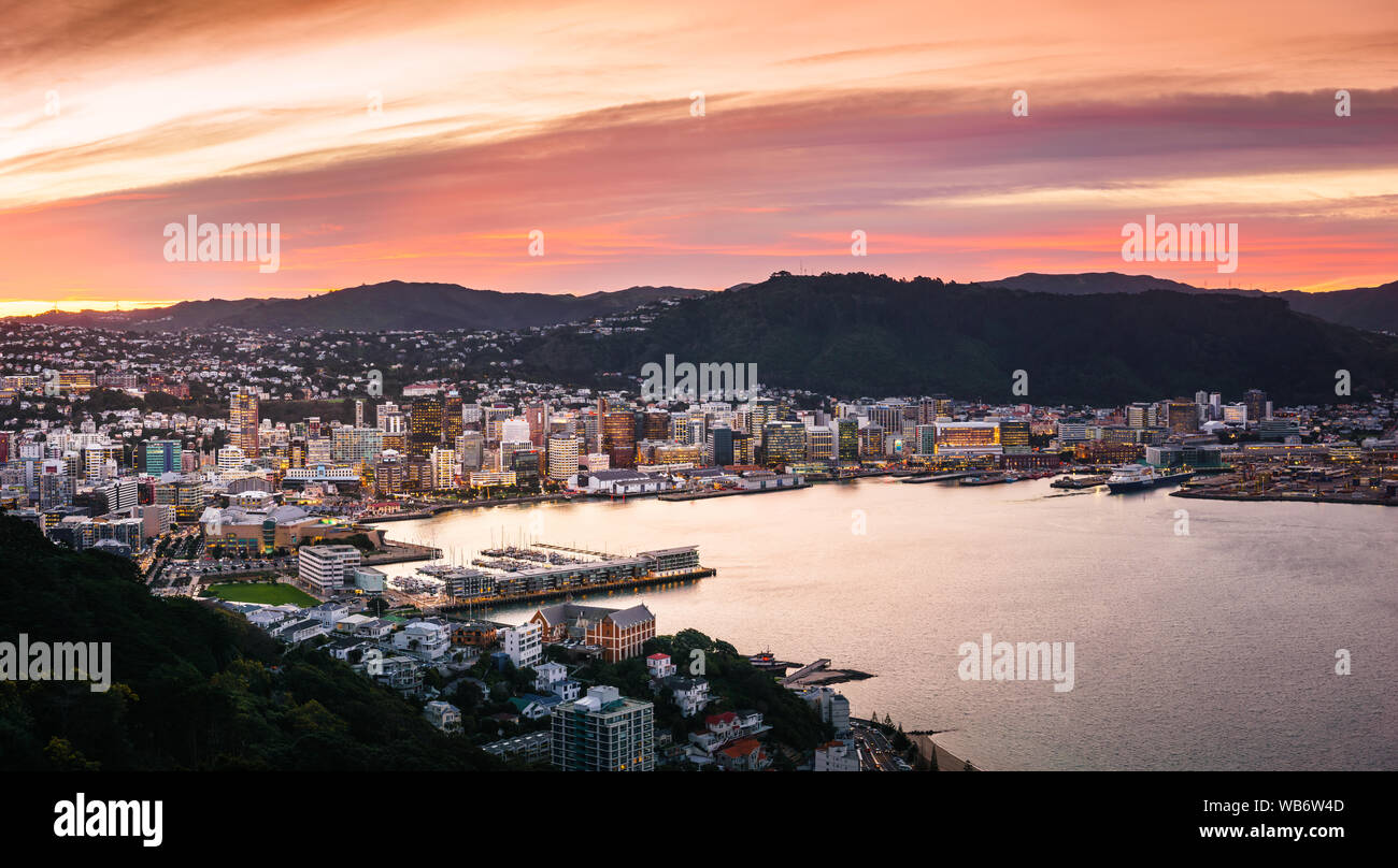 Sonnenuntergang Blick auf die Stadt Wellington und den Hafen von Mount Victoria gesehen. Wellington ist die Hauptstadt von Neuseeland. Stockfoto