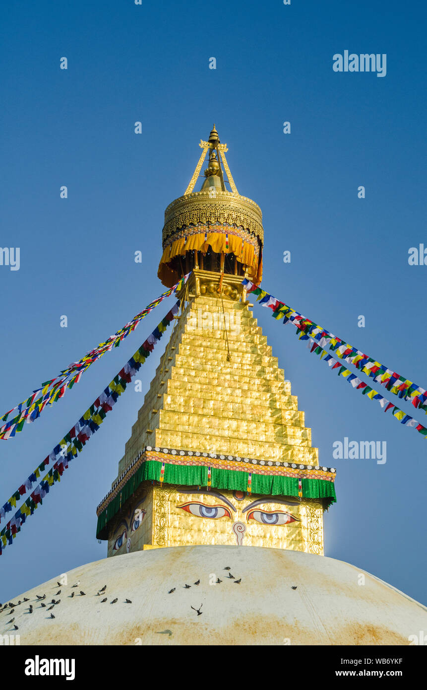 Die weiß getünchte Kuppel und der goldene Turmspitze von Bodhnath Stupa, Kathmandu, Nepal, mit buddhistischen Betflaggen Stockfoto