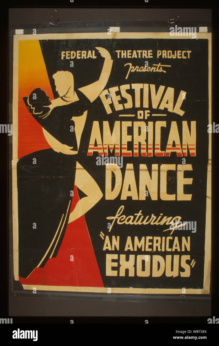 Federal Theatre Project präsentiert Festival des American Dance mit einem Amerikanischen exodus Abstract: Plakat für Federal Theatre Project Präsentation von ein Festival des American Dance mit einem amerikanischen Exodus zeigt einen Mann und eine Frau tanzen. [Kalifornien: Federal Art Project, 1938] Stockfoto