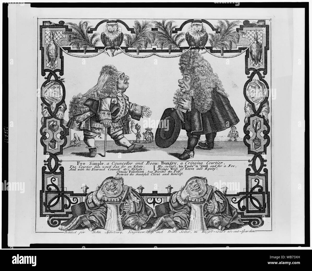 Gebühr einfach, ein Ratgeber und Beau Bungey zurückschrecken, ein höfling Abstract: Zwei Lilliputian Figuren, ein Rechtsanwalt und ein Höfling, oder Grundbesitzer, Stand der Diskussion das Mittel ist, durch das die Höfling seine Immobilien entscheiden wird. Enthält erläuternde Vers und Zierpflanzen und bildhaften Grenzen. Stockfoto